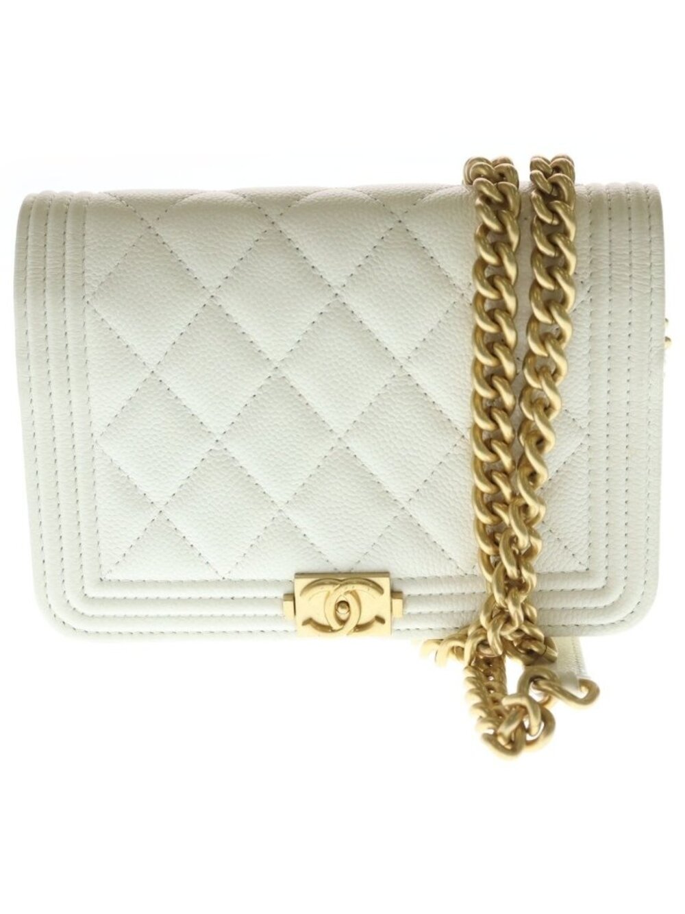 Chanel Boy 15.5 Mini Chain Shoulder Bag Wallet White Caviar Leather Gold